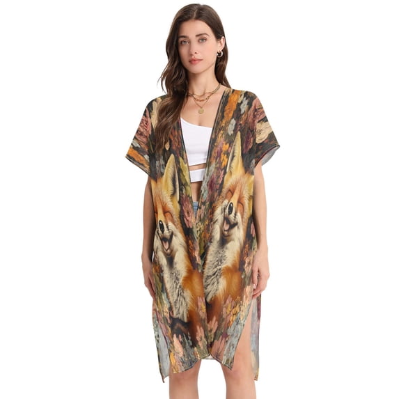 BZSMCE Women Creatively Fox in Flowers Print Beach Cover-ups Size:S-2XL