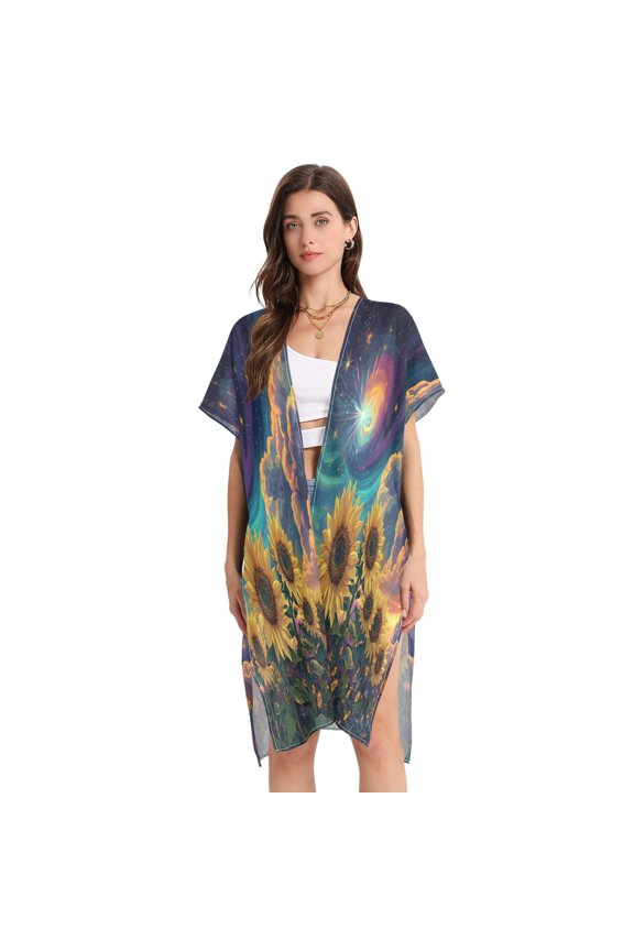Women Creatively Galactic Sunflower Symphony Print Beach Cover-ups Size:S-2XL