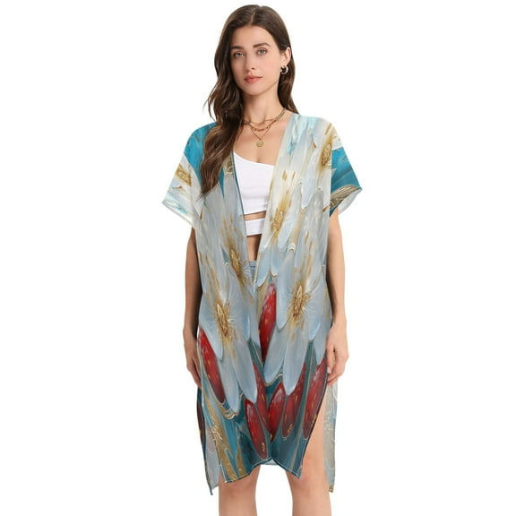 BZSMCE Women Creatively Glass Flowers with Gold Accents Print Beach Cover-ups Size:S-2XL