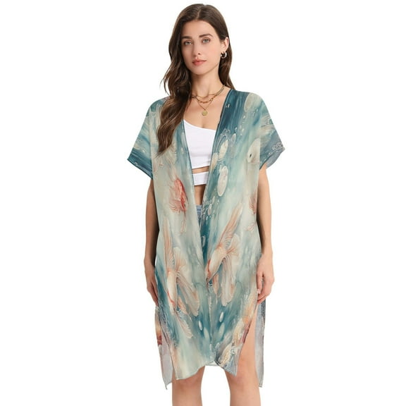 BZSMCE Women Creatively Goldfish in Motion Print Beach Cover-ups Size:S-2XL