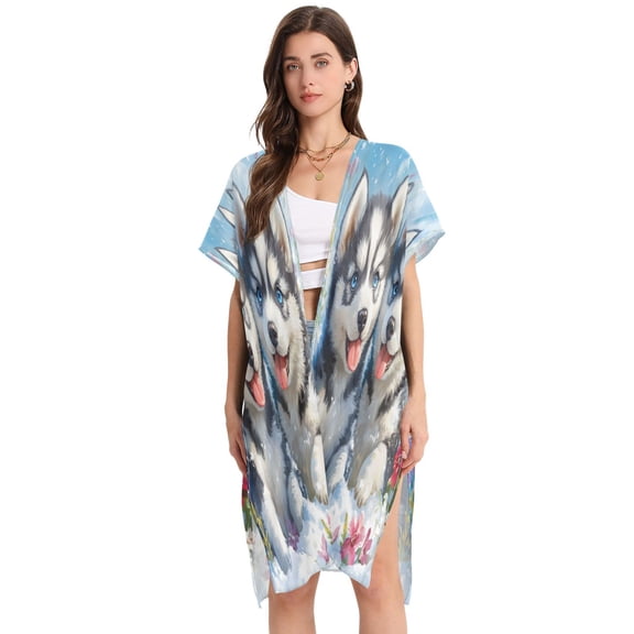 BZSMCE Women Creatively Huskies in Bloom Print Beach Cover-ups Size:S-2XL