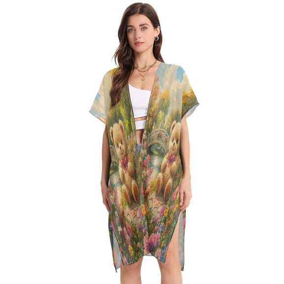 BZSMCE Women Creatively Joyful Bear in Bloom Print Beach Cover-ups Size:S-2XL