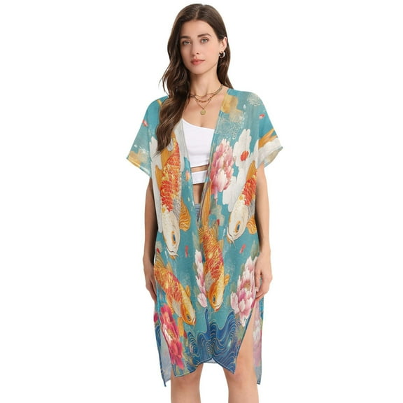 BZSMCE Women Creatively Koi Dance Print Beach Cover-ups Size:S-2XL