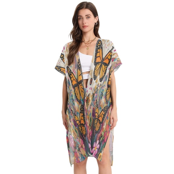 BZSMCE Women Creatively Monarch Butterflies in Flight Print Beach Cover-ups Size:S-2XL