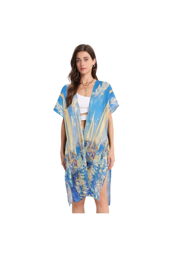 Women Creatively Ocean Breeze Regatta Print Beach Cover-ups Size:S-2XL