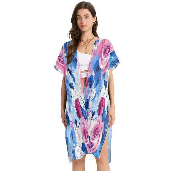 BZSMCE Women Creatively Pink and Blue Roses Rrt Print Beach Cover-ups Size:S-2XL