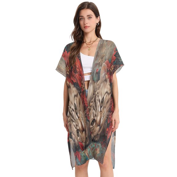 BZSMCE Women Creatively Pondering Tabby Amidst Poinsettias Print Beach Cover-ups Size:S-2XL
