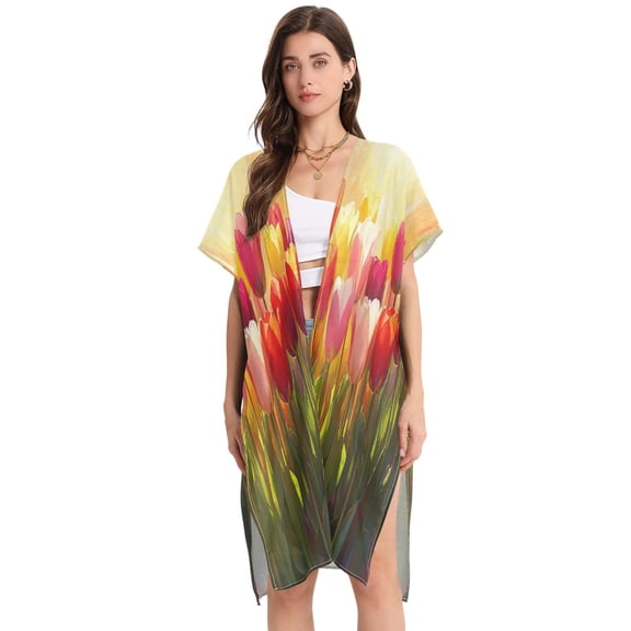 BZSMCE Women Creatively Radiant Tulip Glow Print Beach Cover-ups Size:S-2XL