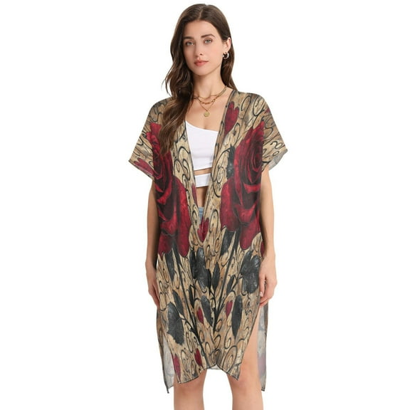 BZSMCE Women Creatively Red Rose Pattern Print Beach Cover-ups Size:S-2XL