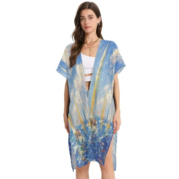 BZSMCE Women Creatively Sailing Into The Horizon Print Beach Cover-ups Size:S-2XL