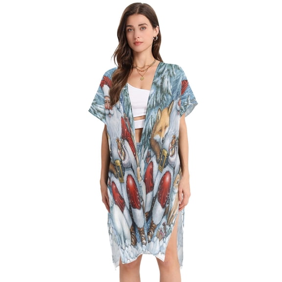 BZSMCE Women Creatively Santa's Woodland Friends Print Beach Cover-ups Size:S-2XL