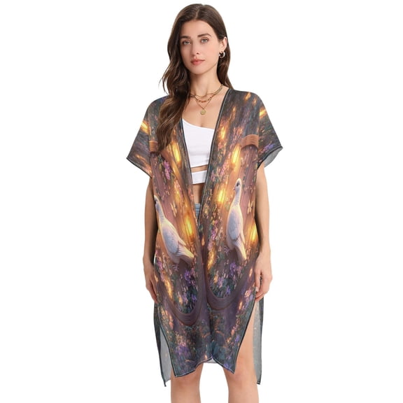 BZSMCE Women Creatively Serene Songbird Print Beach Cover-ups Size:S-2XL