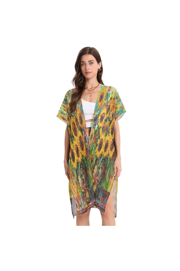 Women Creatively Sunflower Symphony Print Beach Cover-ups Size:S-2XL