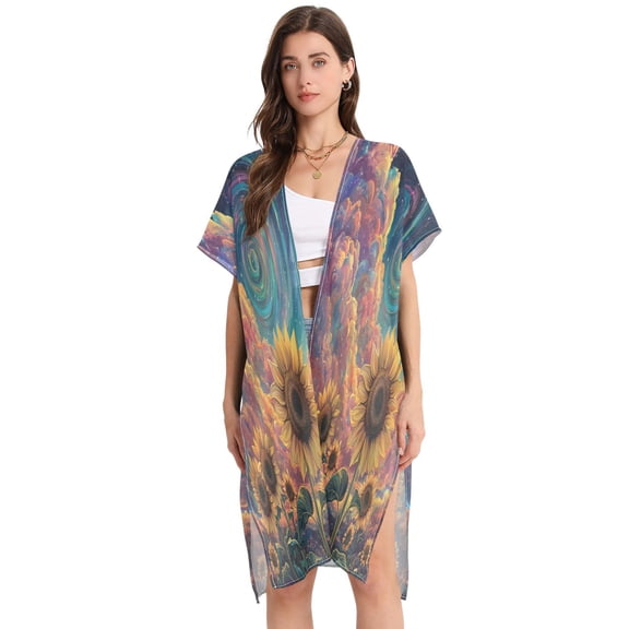 BZSMCE Women Creatively Sunflowers under A Cosmic Sky Print Beach Cover-ups Size:S-2XL