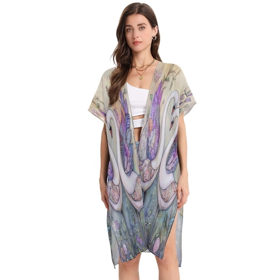 BZSMCE Women Creatively Swan Embrace Print Beach Cover-ups Size:S-2XL