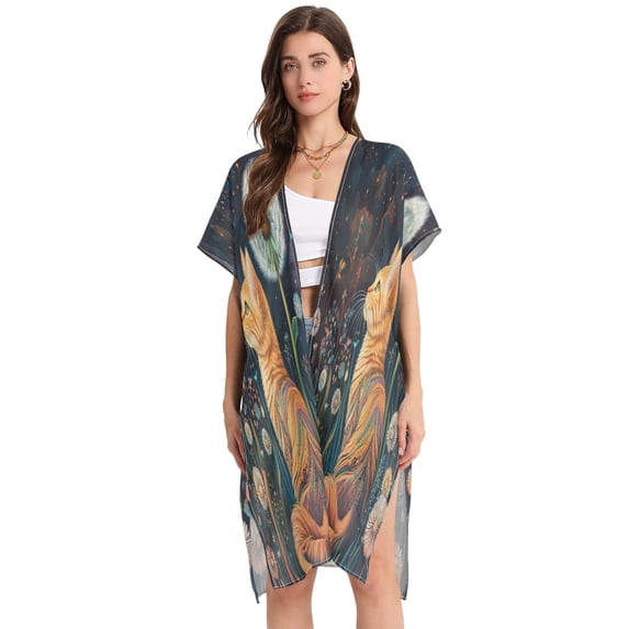 BZSMCE Women Creatively The Dandelion Cat Print Beach Cover-ups Size:S-2XL