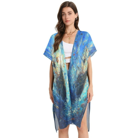 BZSMCE Women Creatively The Sunken Treasure Print Beach Cover-ups Size:S-2XL