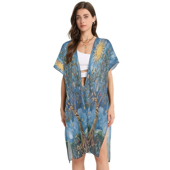 BZSMCE Women Creatively Twisted Moonlit Tree Print Beach Cover-ups Size:S-2XL