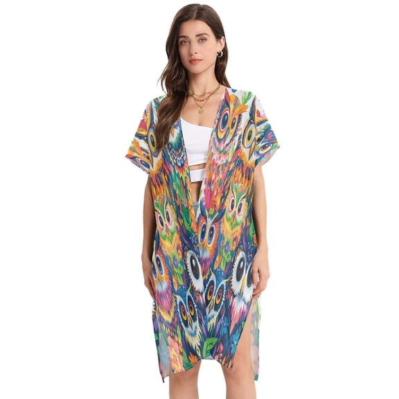 BZSMCE Women Creatively Whimsical Owl Gathering Print Beach Cover-ups Size:S-2XL