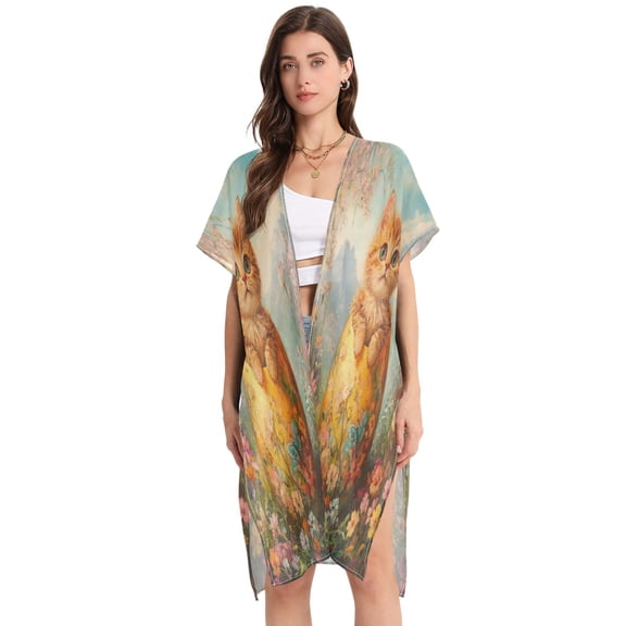 BZSMCE Women Creatively Whiskered Wonder in Bloom Print Beach Cover-ups Size:S-2XL