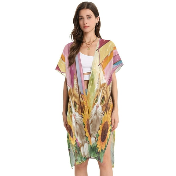 BZSMCE Women Creatively Whiskers under Rainbows Print Beach Cover-ups Size:S-2XL
