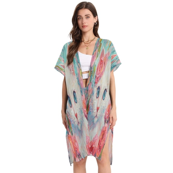 BZSMCE Women Creatively White Cat Surrounded by Flowers Print Beach Cover-ups Size:S-2XL