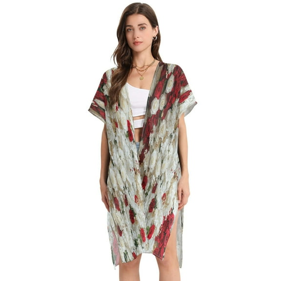 BZSMCE Women Creatively White and Red Rose Layout Print Beach Cover-ups Size:S-2XL