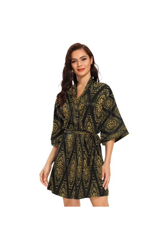 BZSMCE Women Satin Pajamas Casual Robe-Ancient Gold Tiles Design