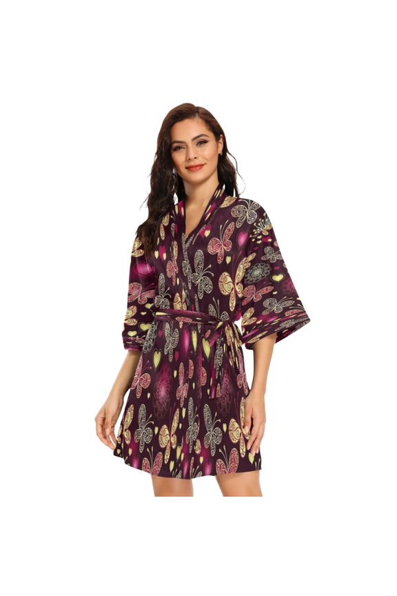 BZSMCE Women Satin Pajamas Casual Robe-Bohemian Butterfly Mosaic Design