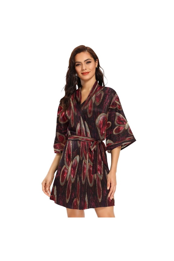 BZSMCE Women Satin Pajamas Casual Robe-Garnet Flutter Design