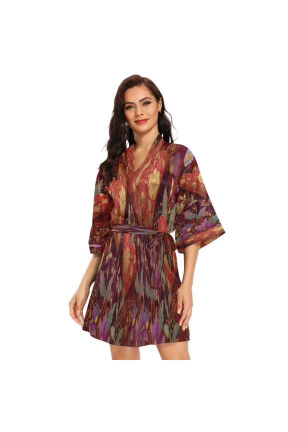 BZSMCE Women Satin Pajamas Casual Robe-Gilded Ruby Heartscape Design