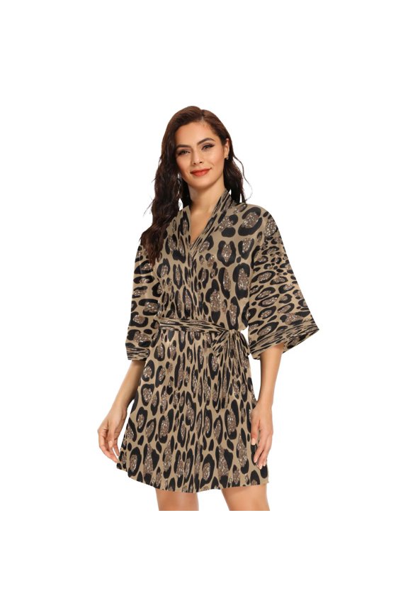 BZSMCE Women Satin Pajamas Casual Robe-Golden Leopard Spots Design