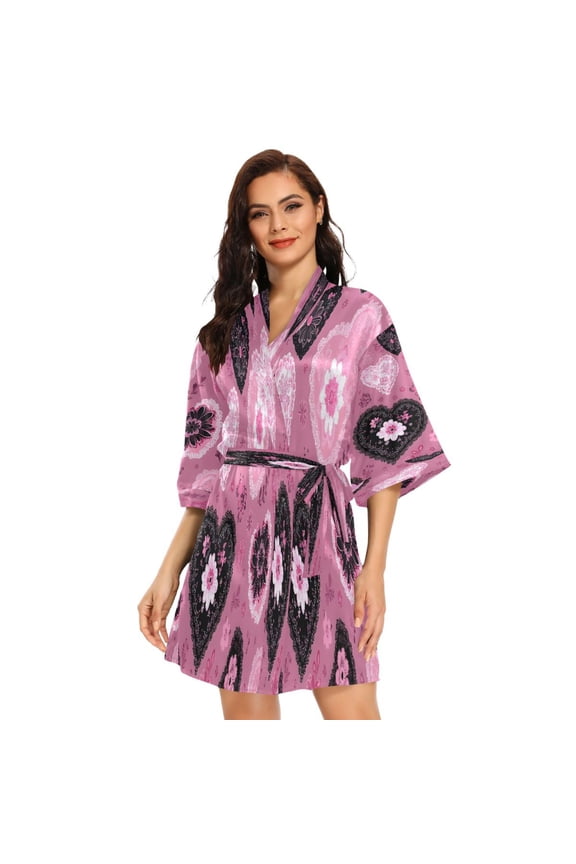 BZSMCE Women Satin Pajamas Casual Robe-Gothic Blush Heart Design