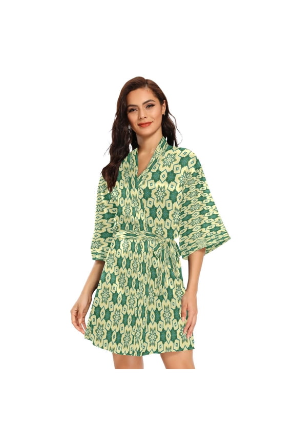BZSMCE Women Satin Pajamas Casual Robe-Lime Mosaic Design