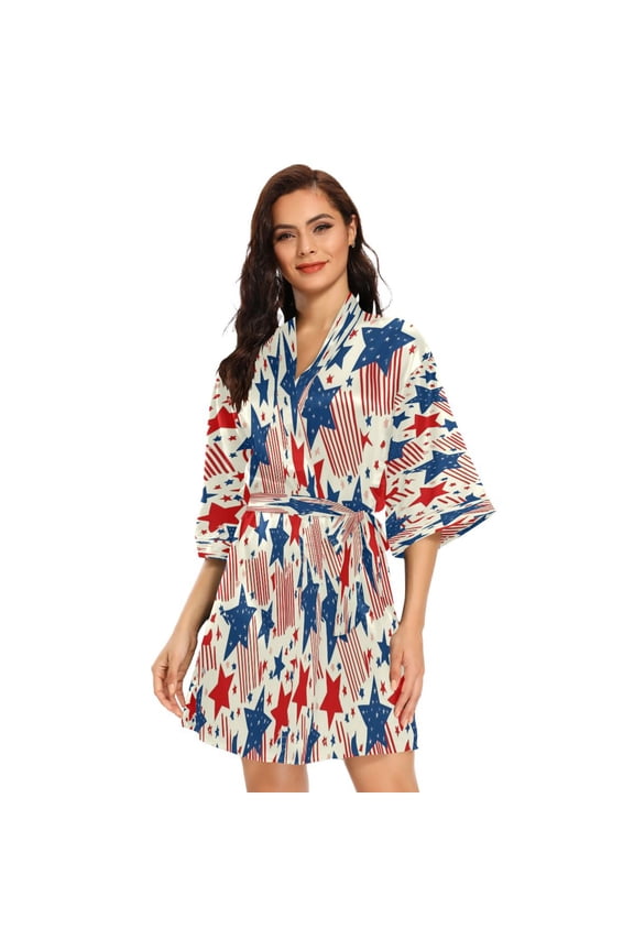 BZSMCE Women Satin Pajamas Casual Robe-Patriotic Star Stripe Design
