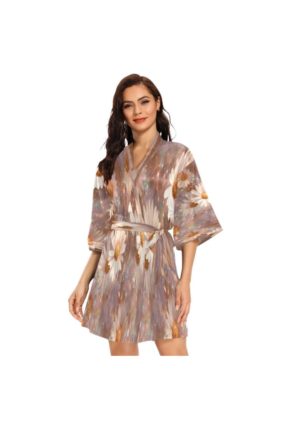 BZSMCE Women Satin Pajamas Casual Robe-Sparkly Daisies Design