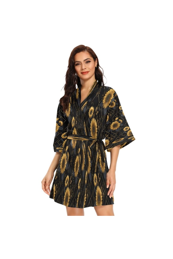 BZSMCE Women Satin Pajamas Casual Robe-Sunflowers and Golden Pattern Design