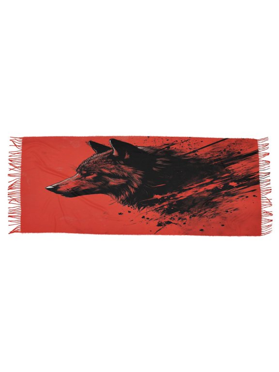 Women Scarf Red Wolf Head Simple Pattern Soft Warm Long Large Scarves