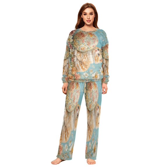 BZSMCE Women Slim Pajamas Loose Style Female Fashion Blossoming Whiskers Pattern Sleepwear
