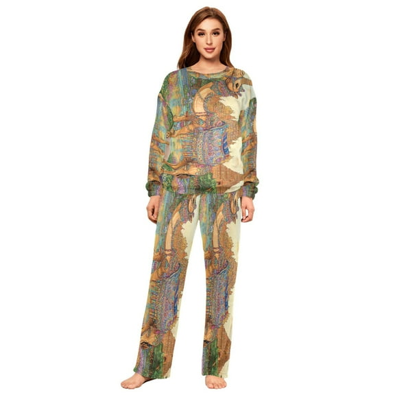 BZSMCE Women Slim Pajamas Loose Style Female Fashion Camel and Temple Pattern Sleepwear