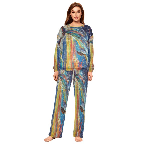 BZSMCE Women Slim Pajamas Loose Style Female Fashion Celestial Dolphin Dance Pattern Sleepwear