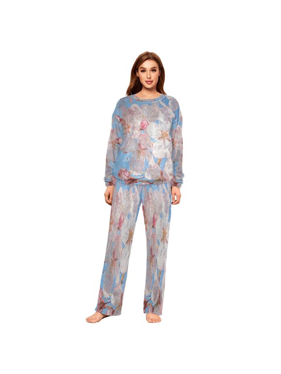 Women Slim Pajamas Loose Style Female Fashion Cherry Blossoms Rain Pattern Sleepwear