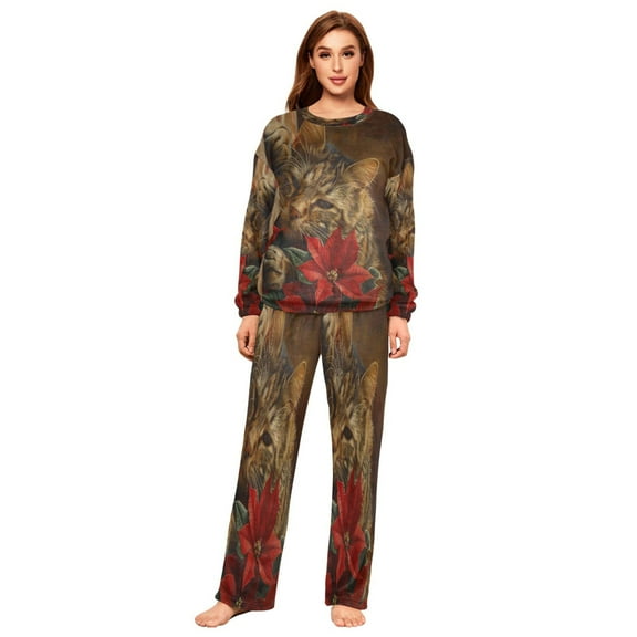 BZSMCE Women Slim Pajamas Loose Style Female Fashion Cozy Cat with Florals Pattern Sleepwear