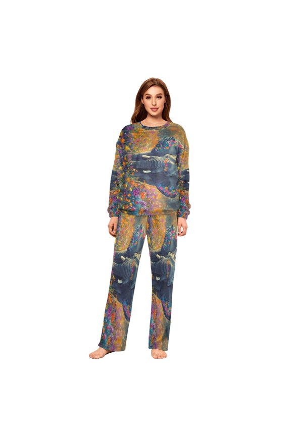 Women Slim Pajamas Loose Style Female Fashion Elephant in Colorful Flower Field Pattern Sleepwear