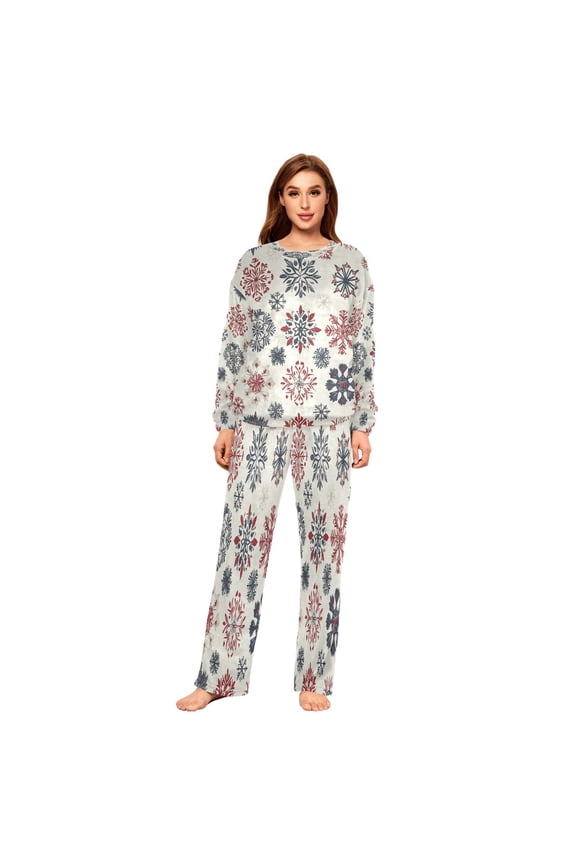 Women Slim Pajamas Loose Style Female Fashion Festive Winter Snowflakes Pattern Sleepwear