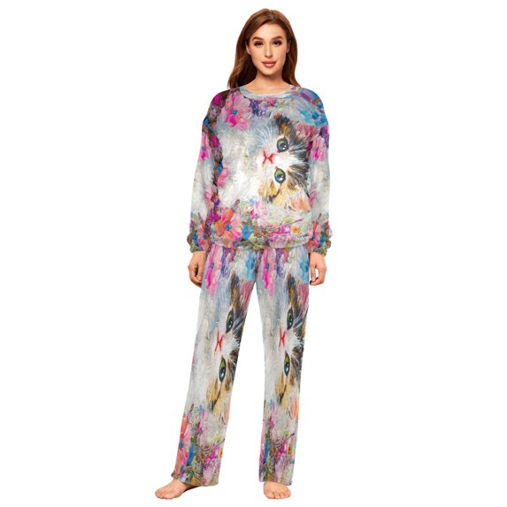 BZSMCE Women Slim Pajamas Loose Style Female Fashion Floral Whiskers Delight Pattern Sleepwear