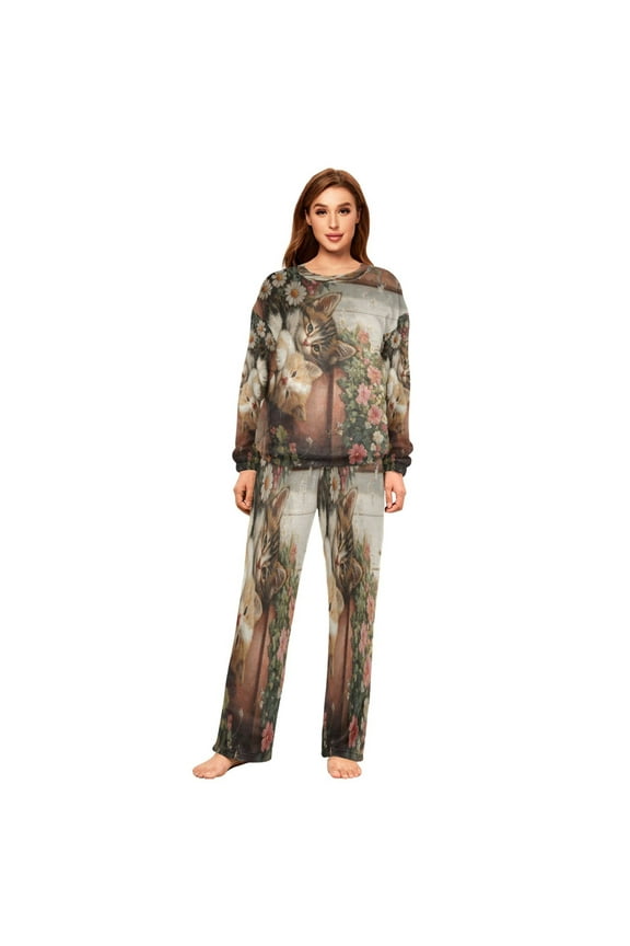 Women Slim Pajamas Loose Style Female Fashion Flower Garden Cuddles Pattern Sleepwear
