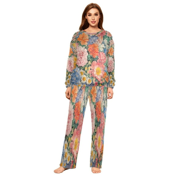 BZSMCE Women Slim Pajamas Loose Style Female Fashion Fluffy Companion with Blooms Pattern Sleepwear