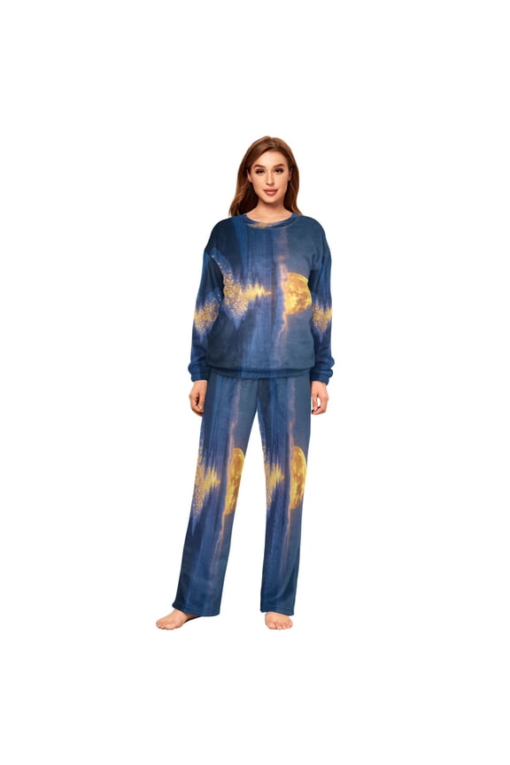 Women Slim Pajamas Loose Style Female Fashion Glowing Celestial over Ocean Pattern Sleepwear