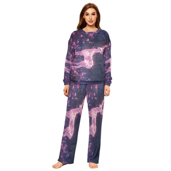 BZSMCE Women Slim Pajamas Loose Style Female Fashion Glowing Deer in Magical Forest Pattern Sleepwear